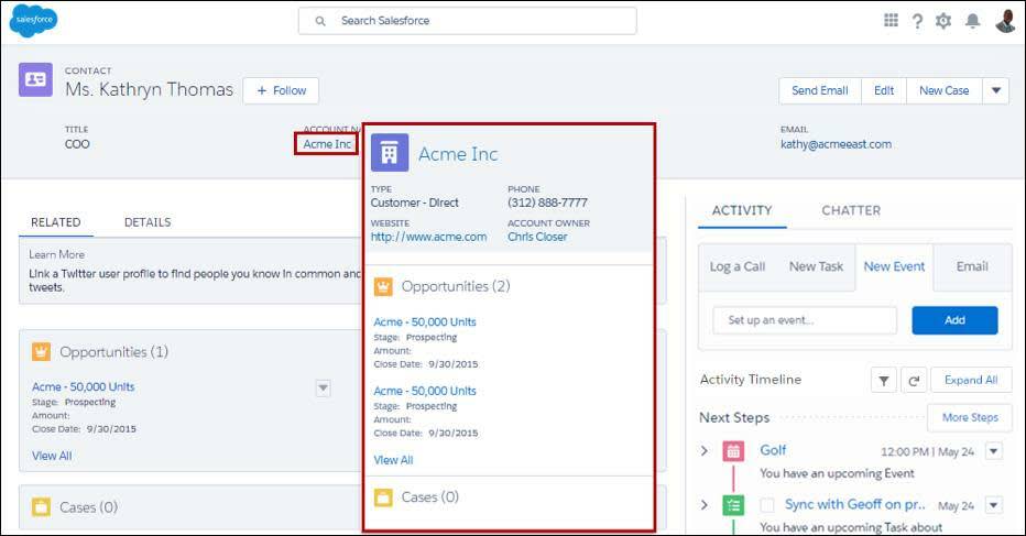 Karte 'Erweiterte Nachschlagevorgänge' mit einer Zusammenfassung der Accountdetails im Kontaktdatensatz.