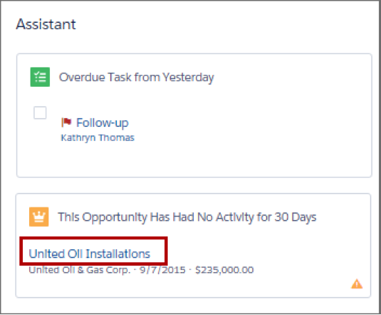 Asistente de Lightning Experience, que muestra la oportunidad United Oil Installations.