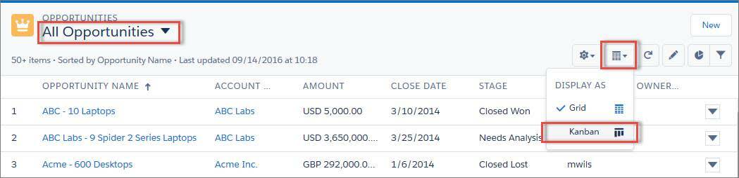Vista de lista Todas las oportunidades en la página de inicio de oportunidades, seleccionando la opción Kanban en el menú Visualizar como.