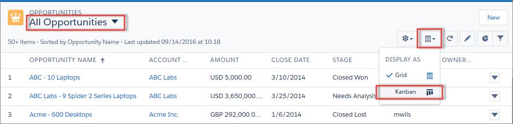 Vue de liste Toutes les opportunités sur la page d’accueil des opportunités, illustrant la sélection de l’option Kanban dans le menu Afficher en tant que.