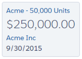 Scheda opportunità Acme - 50,0000 Units (Acme - 50.000 unità) senza icona di avviso.