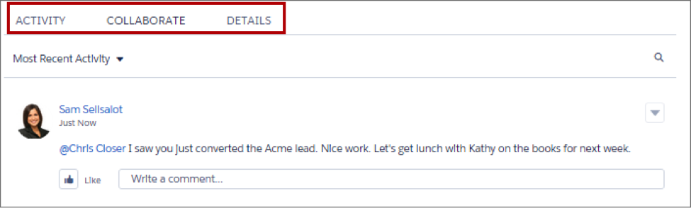 Schede Activity (Attività), Collaborate (Collabora) e Details (Dettagli) di un'opportunità.