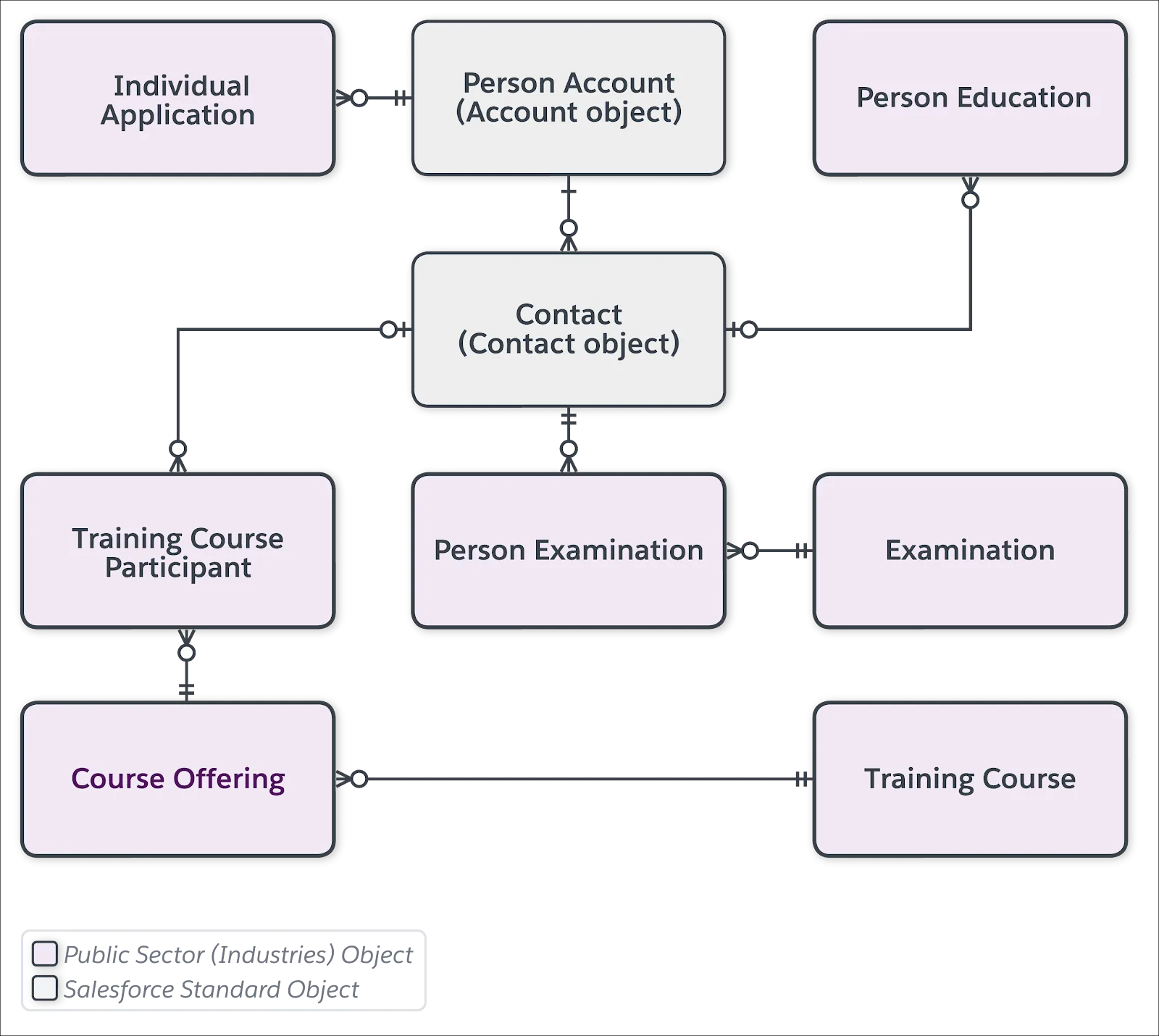 The person account data model for training and certification for an individual professional license.