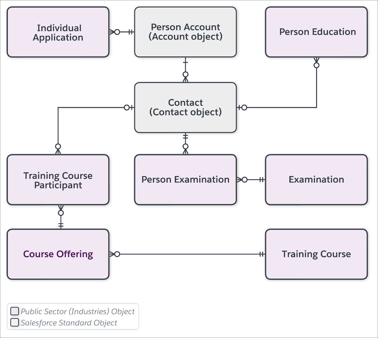 The person account data model for training and certification for an individual professional license.