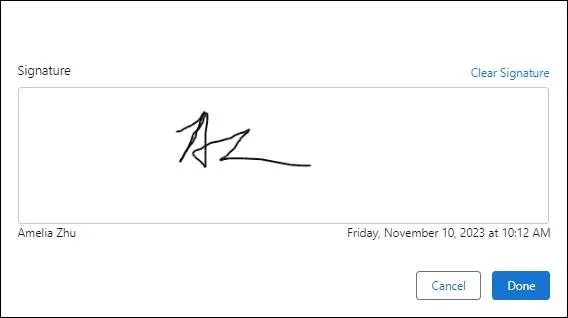 A captured e-signature on the signature task.