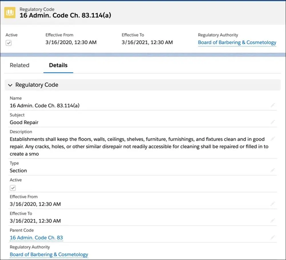 Regulatory Code record.