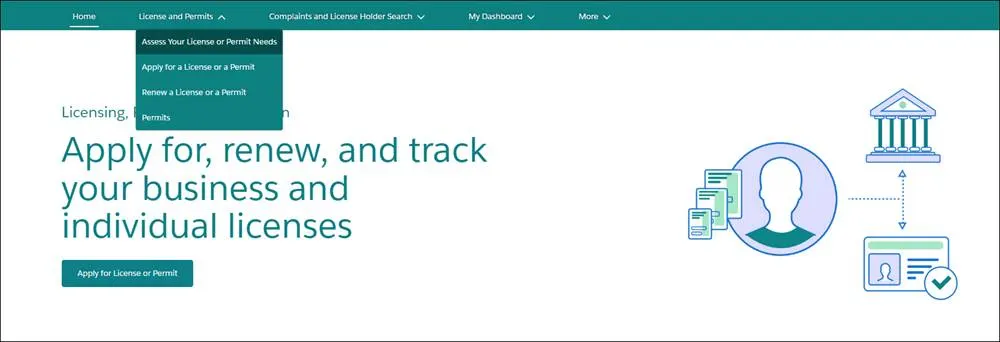 License and Permits menu on the public web portal homepage.