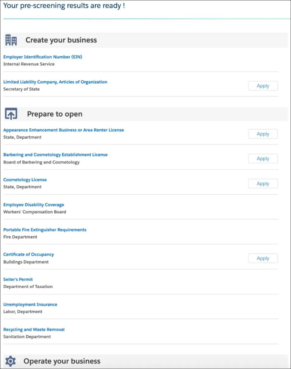 List of licenses, permits, and other authorizations on the pre-screening assessment screen.