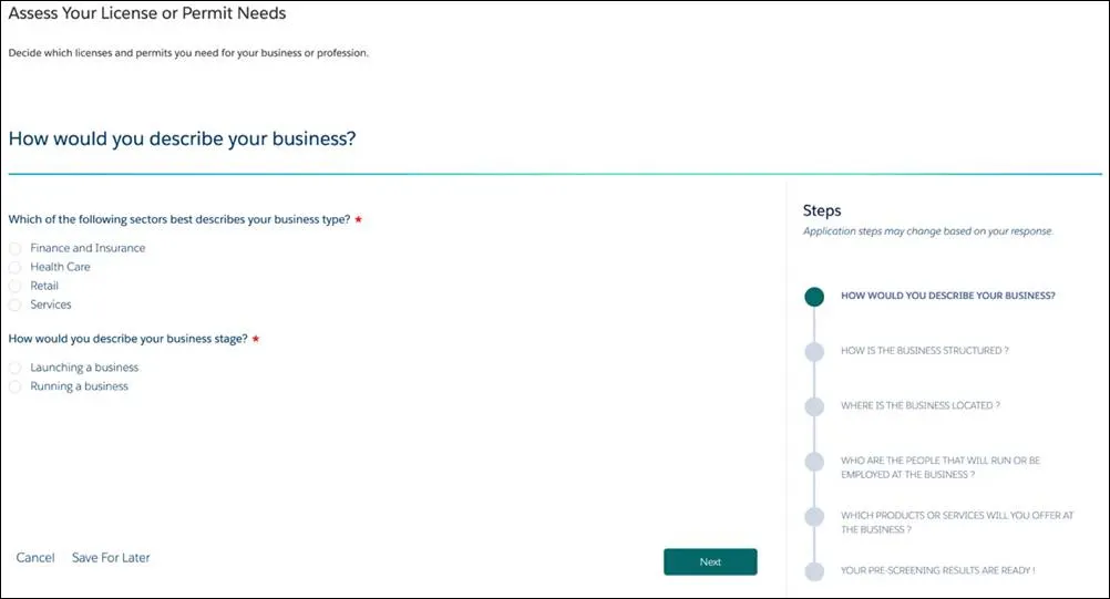 Assess Your License or Permit Needs screen with dynamic forms.