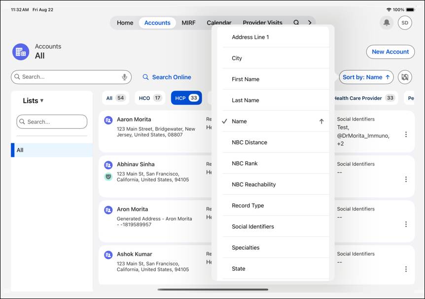 Account Search showing keyword and sort options.