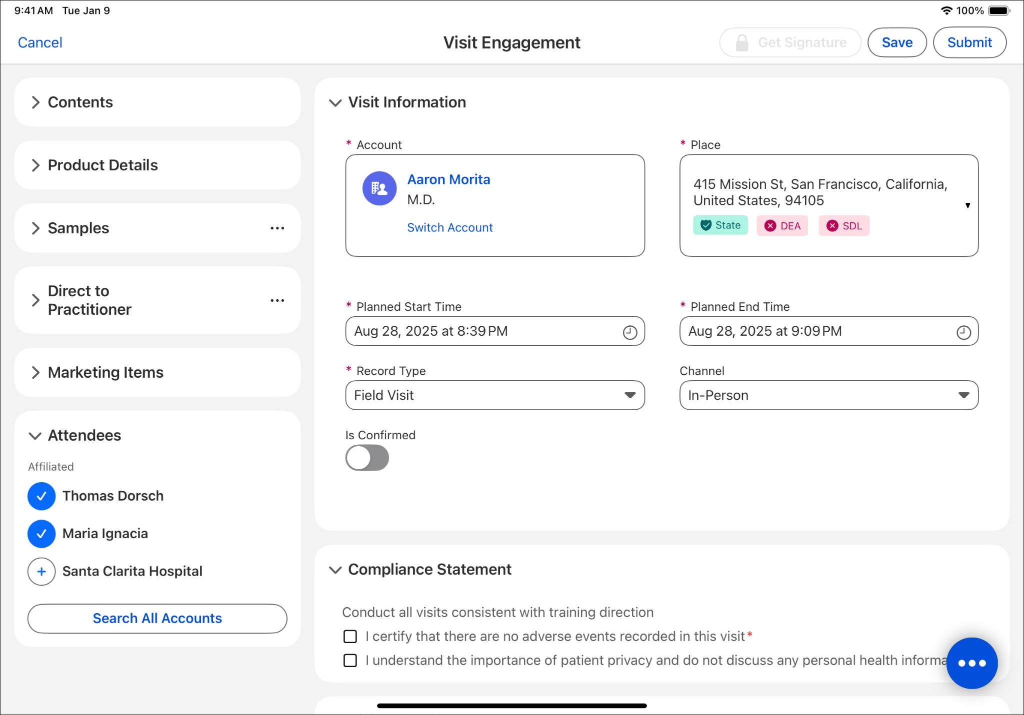 The Visit Engagement page with Visit Information.