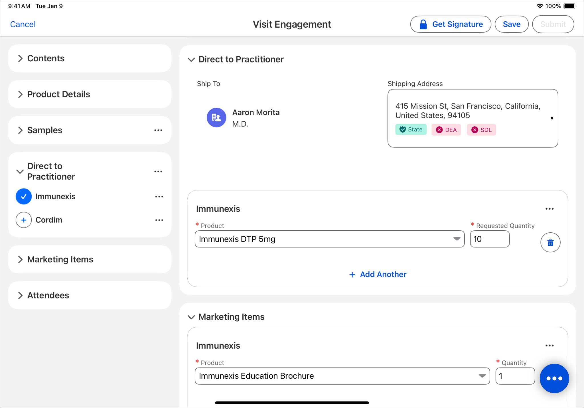 The Visit Engagement page with Product Disbursements, Samples, and Marketing Items specified.