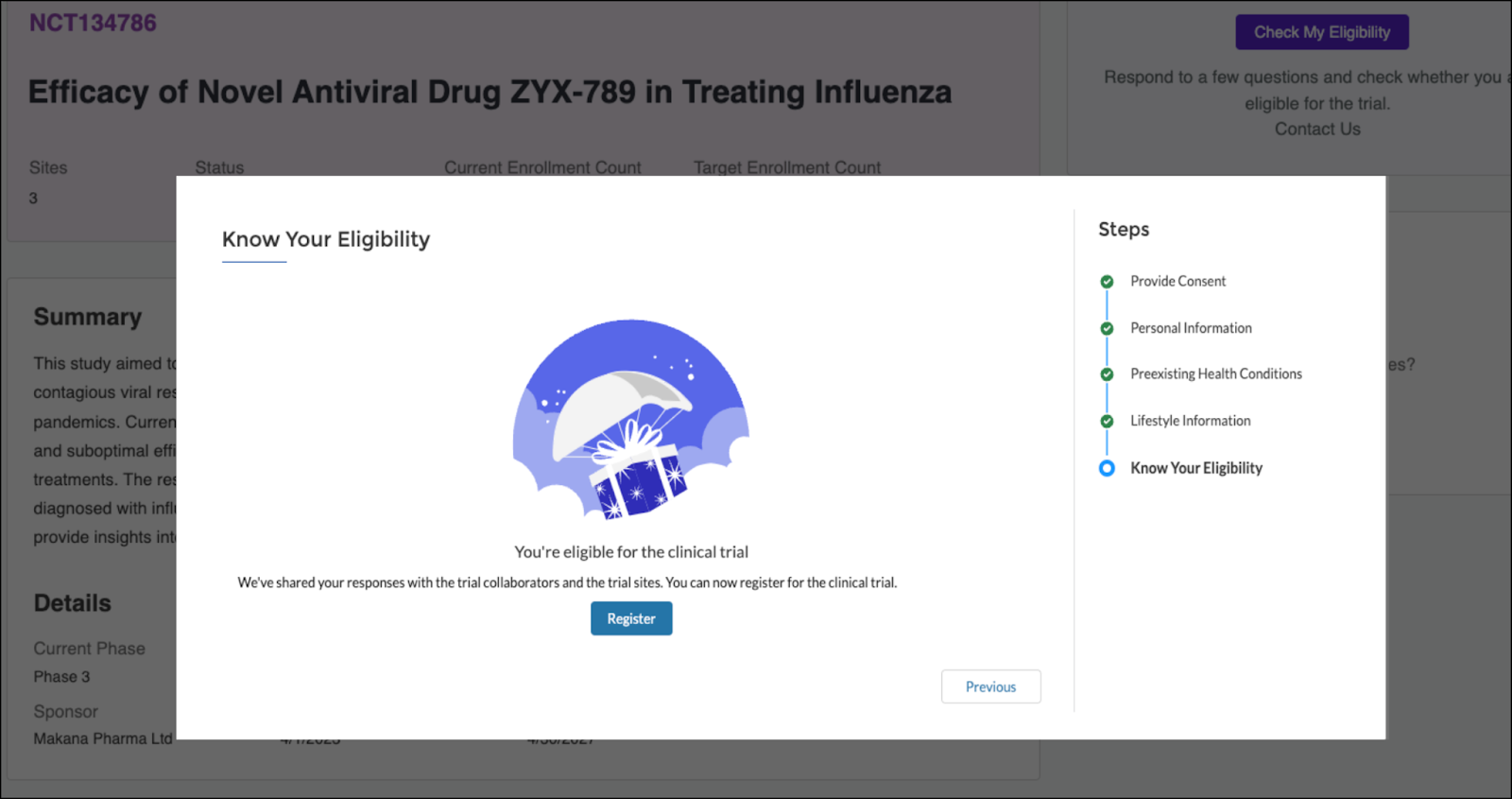The Know Your Eligibility screen displays that she is eligible for the trial.