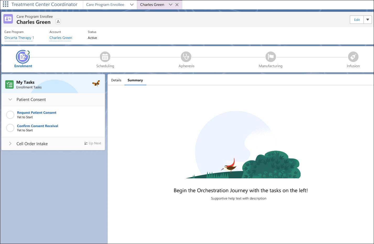 Care program enrollee record page at the enrollment stage with initial tasks listed on the left.