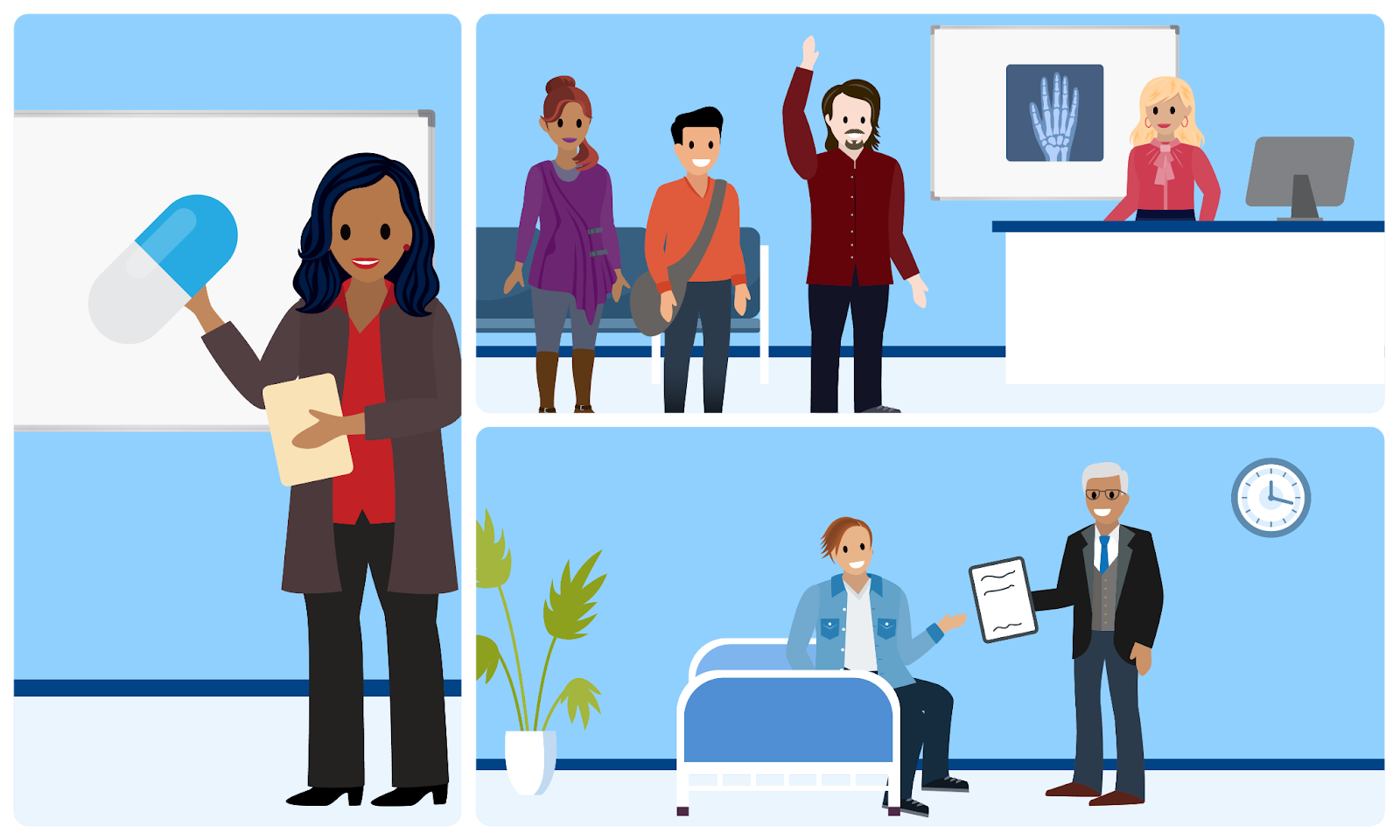 A three-panel graphic, each showing one of the Life Sciences Cloud’s core domains with a key user engaged in a representative scenario.