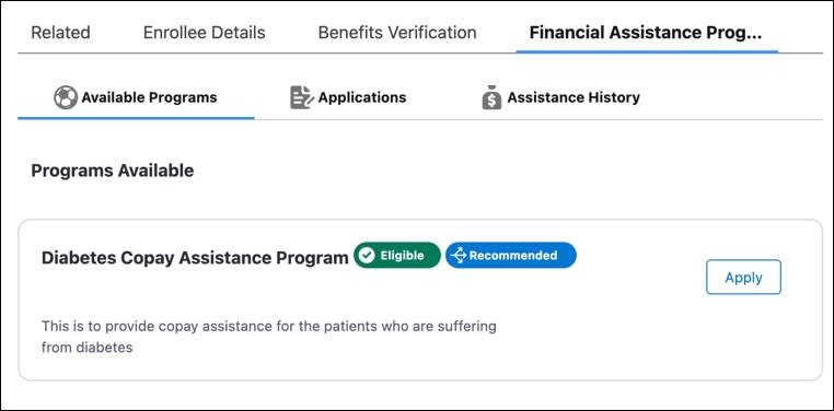 Financial Assistance Programs tab with a financial assistance program recommendation.