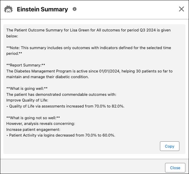 Einstein Summary for Lisa Green’s Outcome Summary for the Diabetes Management Program.
