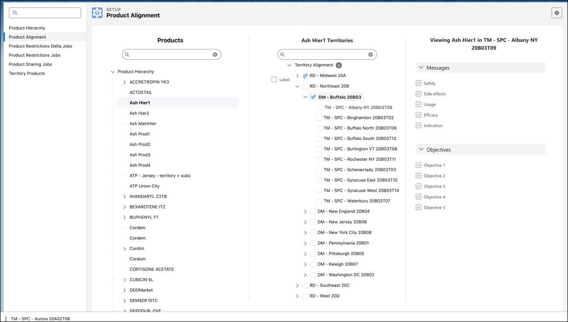 Product Alignment setup screen with messages and objectives selected for selected territories.