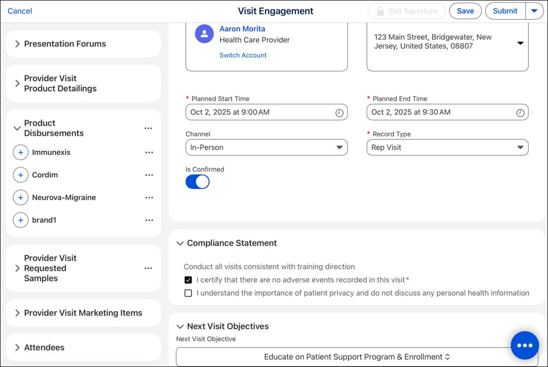 Visit Engagement panel with product disbursements.