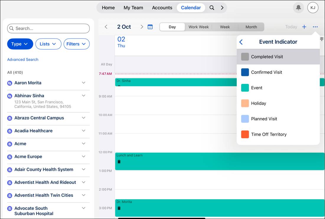 優先される取引先と予定が表示されている週間計画ビュー。