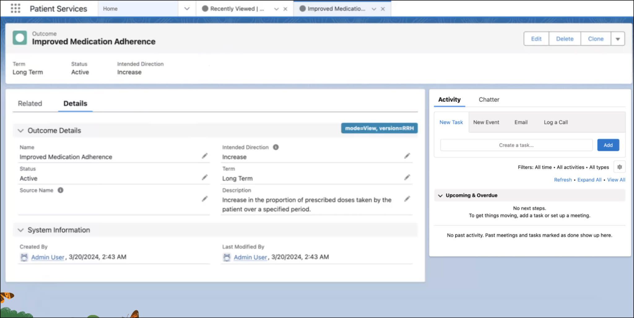 Outcome record page for improved medication adherence.