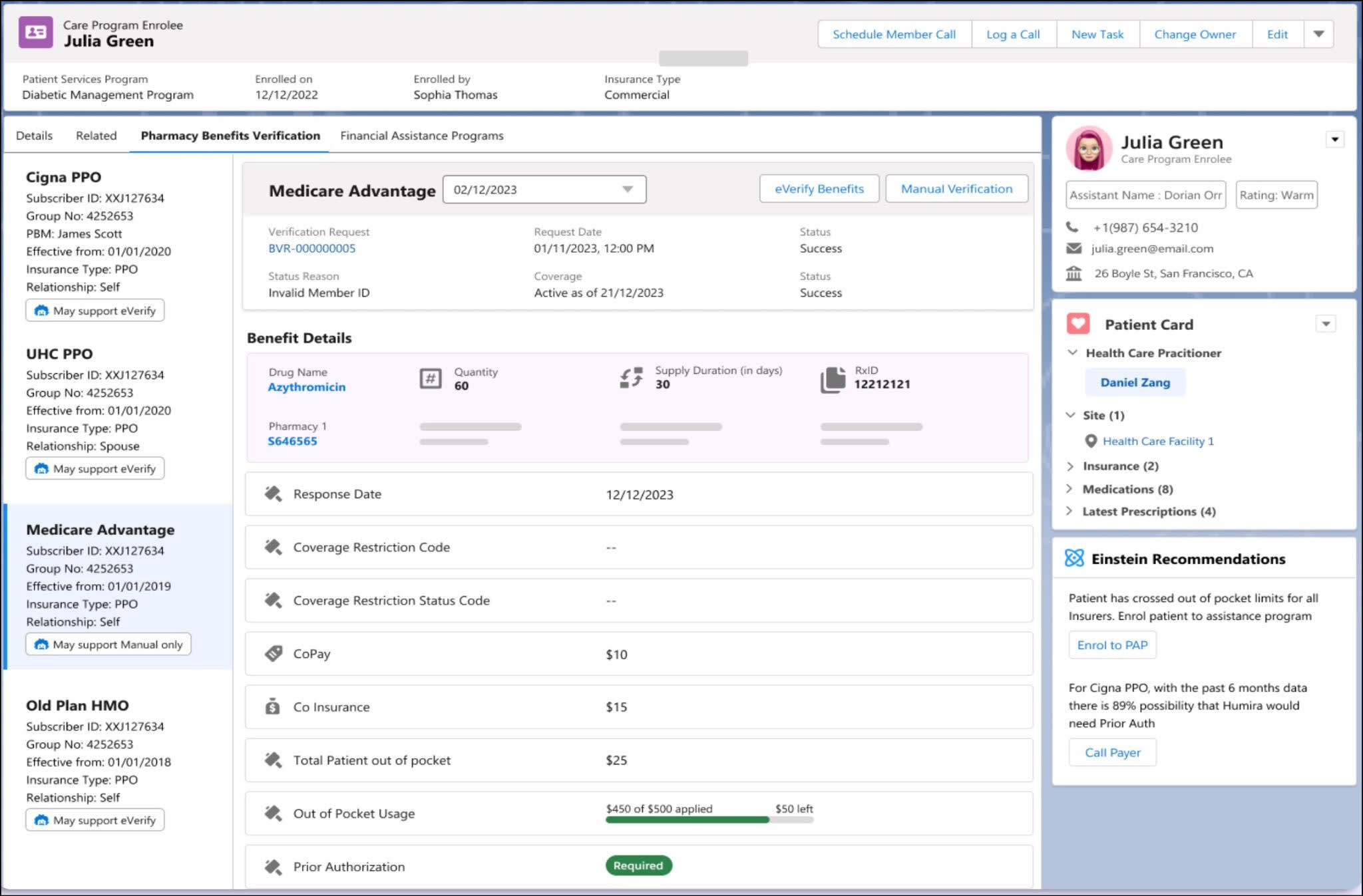 Pharmacy Benefits Verification tab of a care program enrollee with verification request and benefit details displayed.