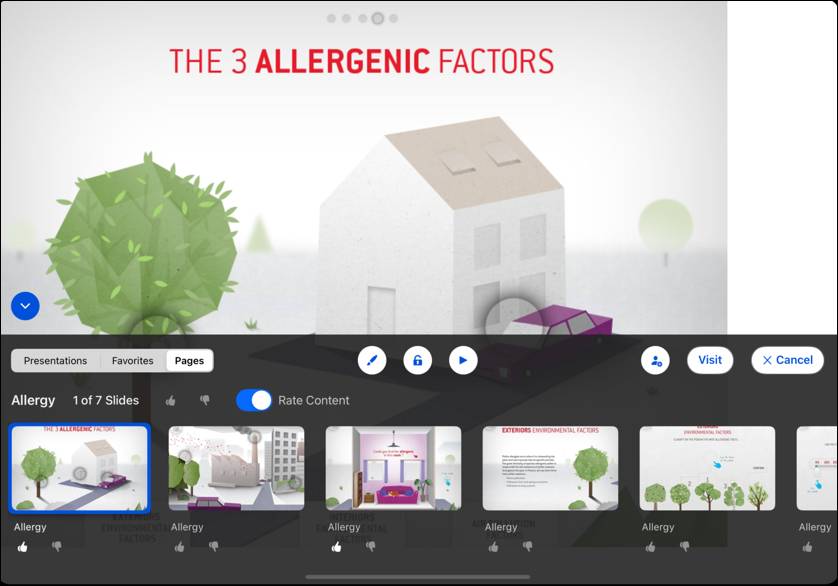 スライドサムネイルとポジティブ/ネガティブをタップする反応オーバーレイが表示されたモバイルプレゼンテーションプレーヤー。