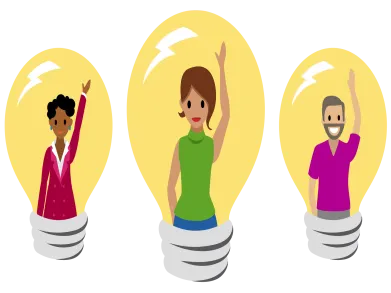 Three contributors, each in a light bulb, raising their hands to suggest ideas