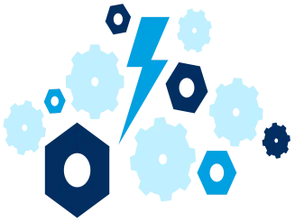 Lightning bolt surrounded by nuts, bolts, and gears