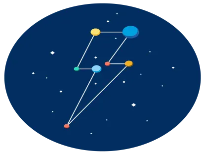 A constellation of stars forms the outline of a lightning bolt