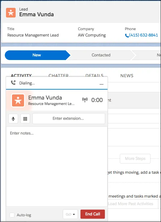 Active call with associated lead record