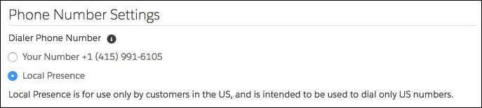 Dialer Settings page with Local Presence setting selected