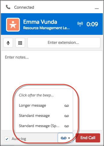 Call panel showing voicemail drop option