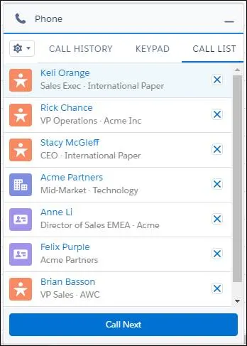 Call list with leads, accounts, and contacts