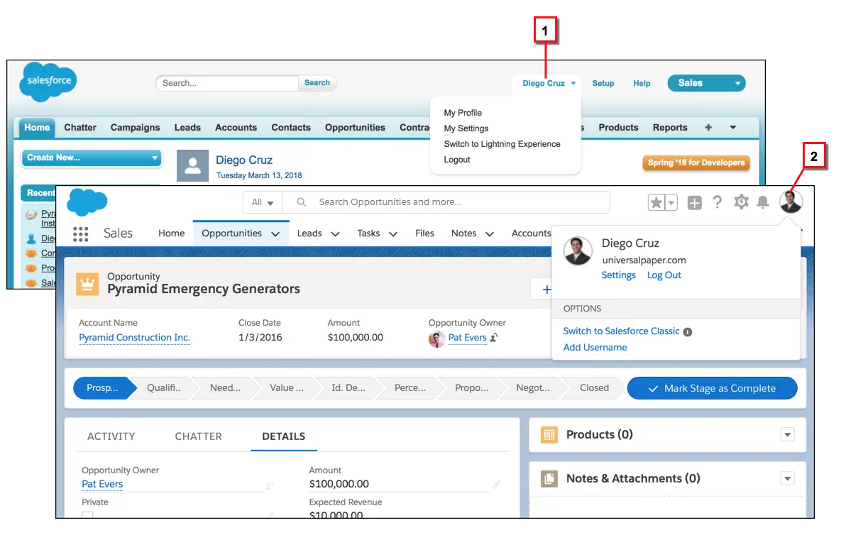 Comparación del menú de perfil de un usuario en Salesforce Classic y Lightning Experience