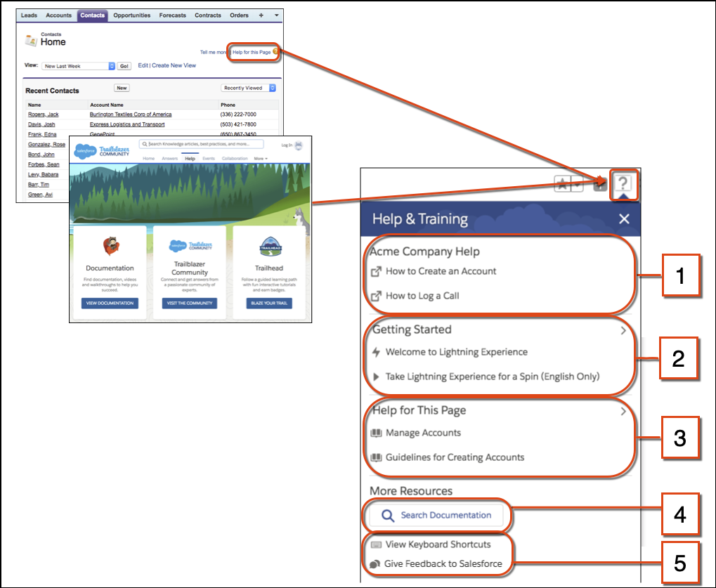 Comparaison de l’aide dans Salesforce Classic avec le menu d’aide dans Lightning Experience
