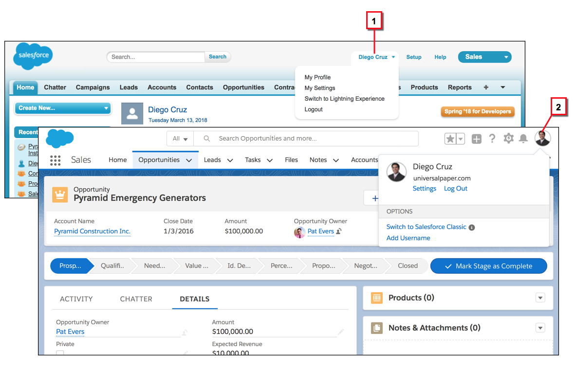 Salesforce Classic と Lightning Experience のユーザーのプロファイルメニューの比較
