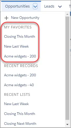 My Favorites section in the navigatio menu for Opportunities