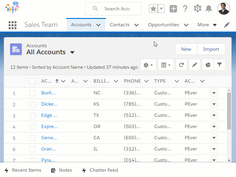 The navigation menu for Opportunities