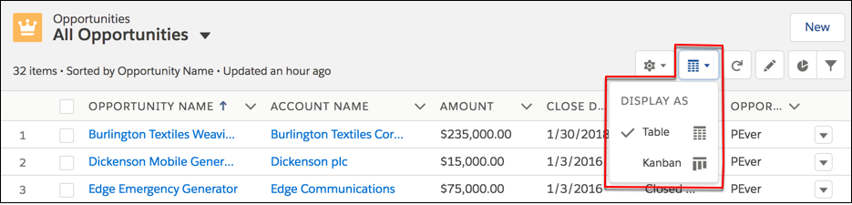 Switch to Kanban view by toggling the Layout icon in the list view controls