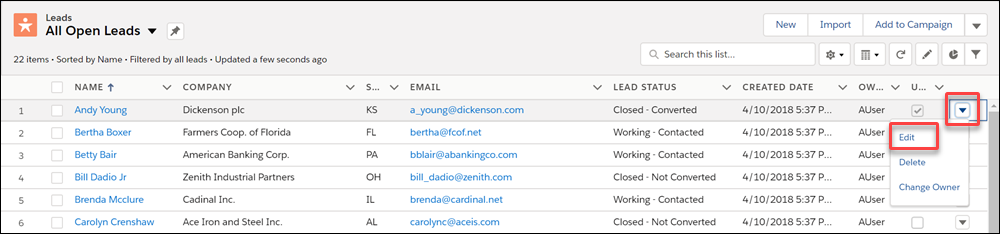 Edit a record in a list view from the record's action menu