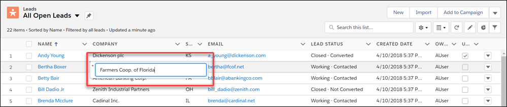 Edit fields inline in list views in Salesforce Classic