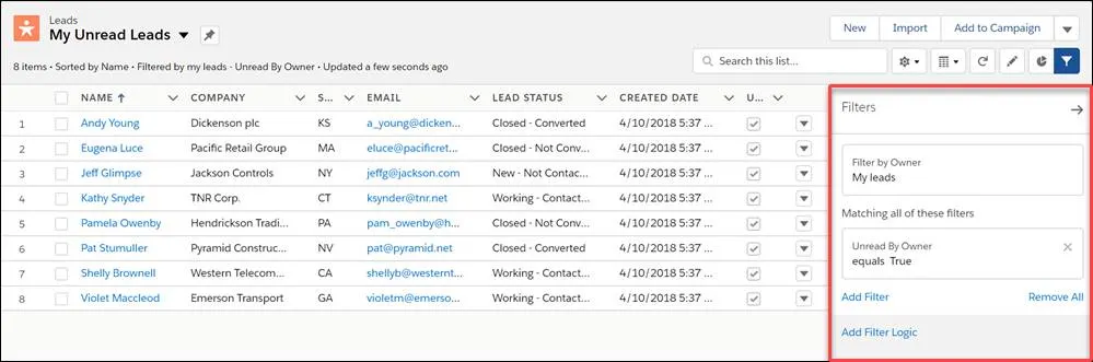 Filter panel open next to the All Open Leads list view