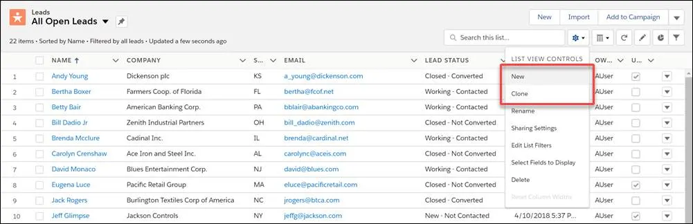 Create a new list view from the Controls menu