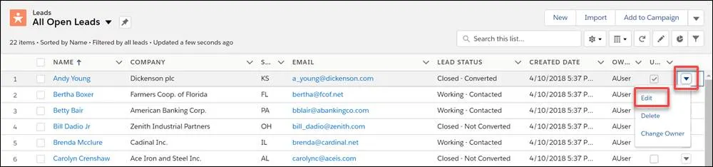Edit a record in a list view from the record's action menu