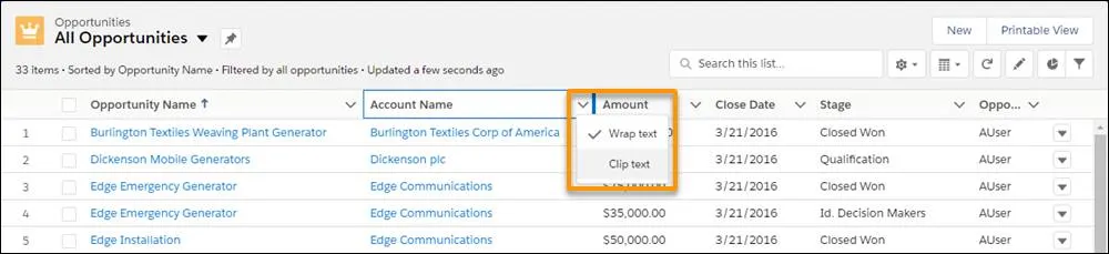 Select wrap text or clip text at the top of a list view column