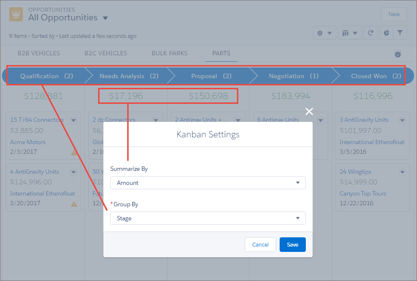 Sie entscheiden, welche Spalten in der Kanban-Ansicht angezeigt werden