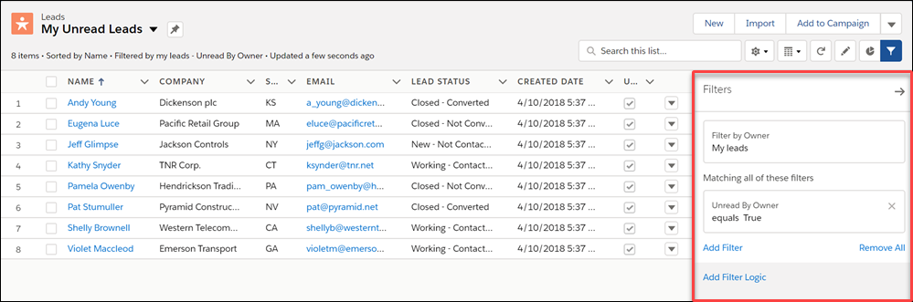 Painel de filtros aberto ao lado do modo de exibição de lista Todos os leads abertos