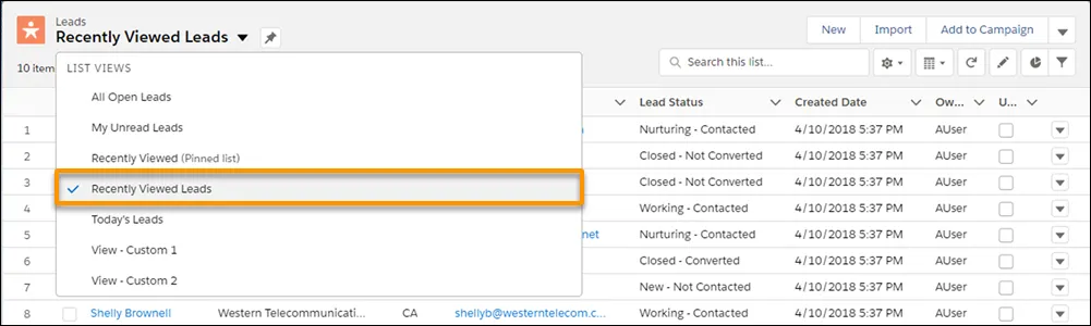 Modo de exibição de lista Exibidos recentemente para Leads