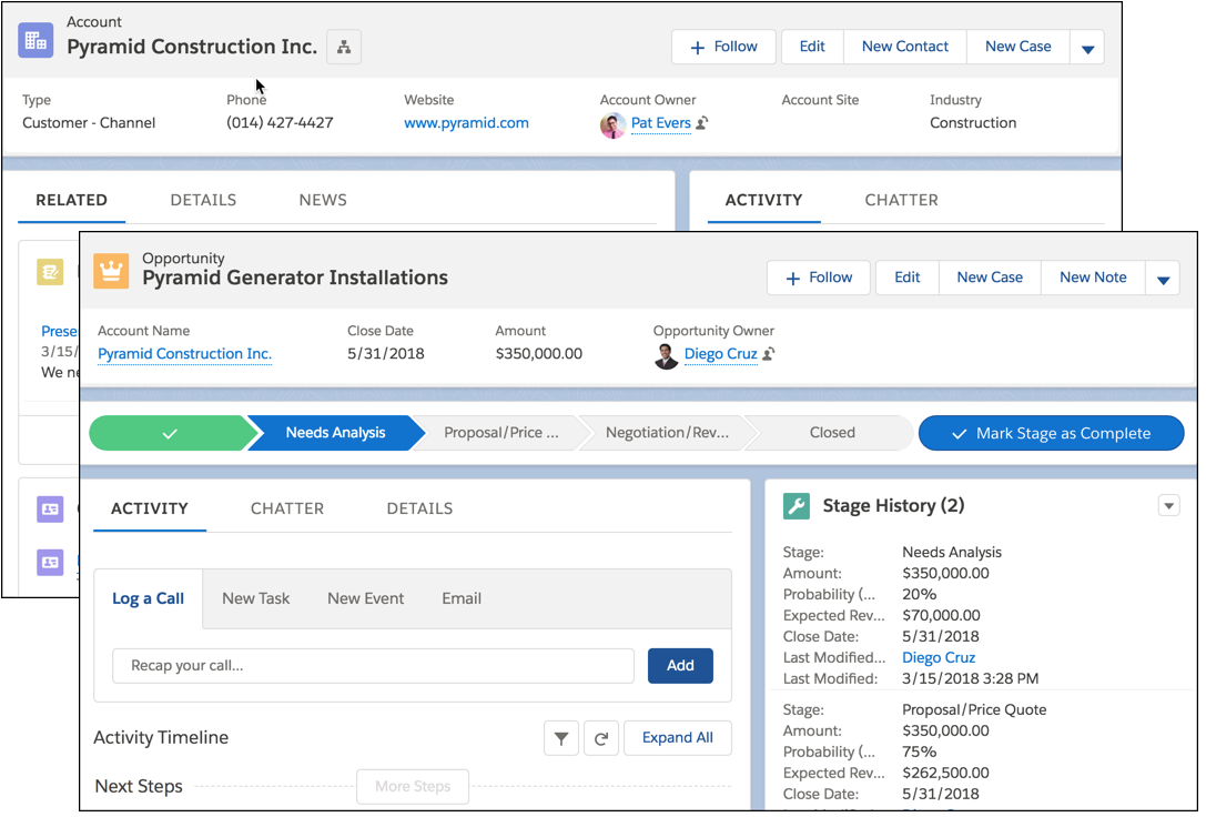 Here's what an account and an opportunity look like in Lightning Experience